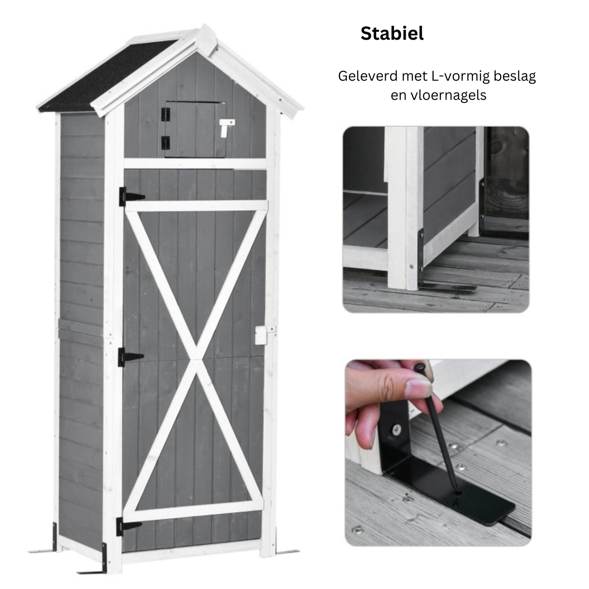 Compacte houten tuinkast 78x53x18 cm – grijs met werkblad en slot