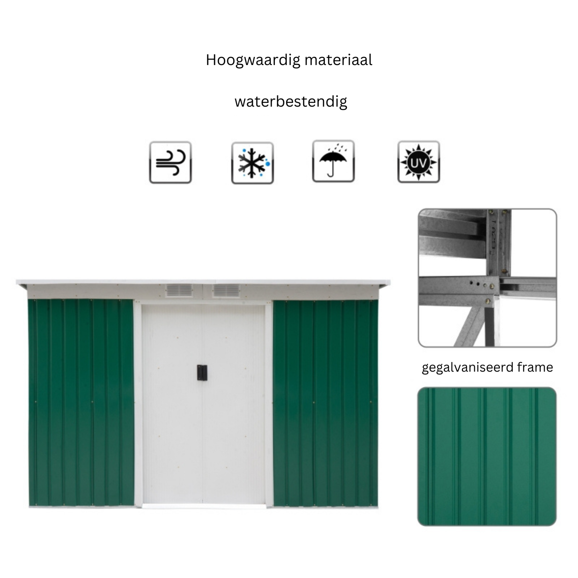 Ruim metalen tuinhuis 280x130x171 cm – groen en onderhoudsvrij