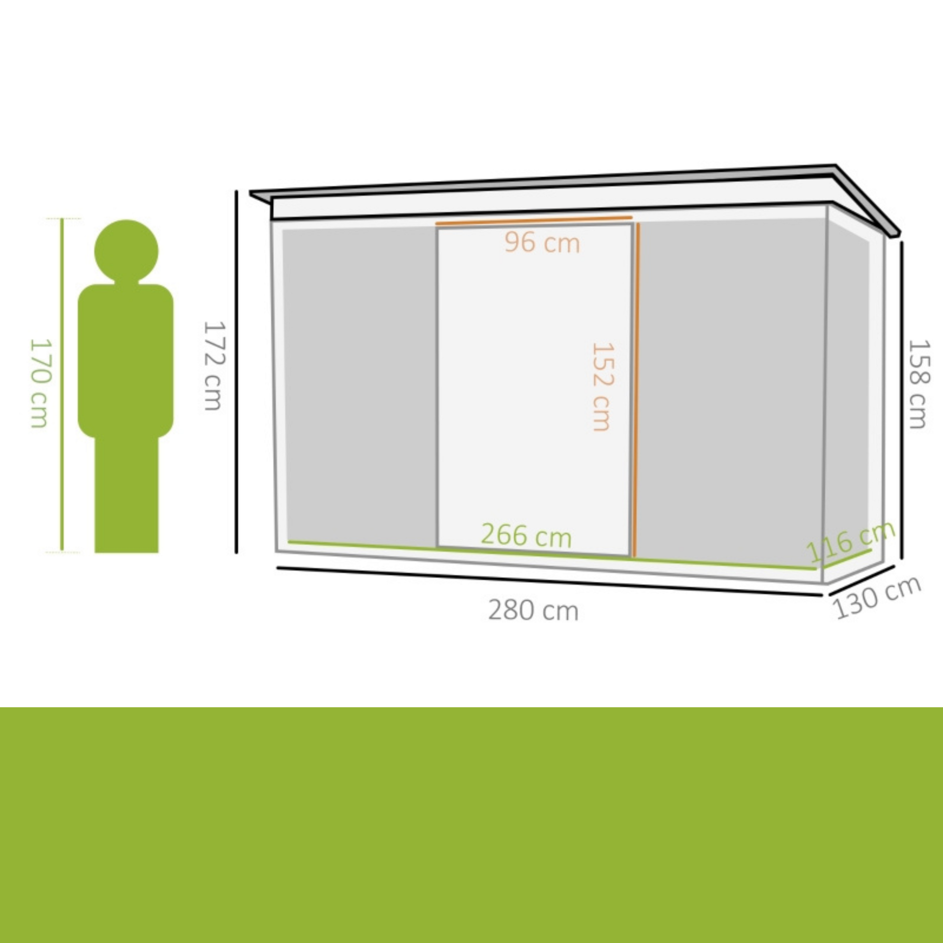 Ruim metalen tuinhuis 280x130x171 cm – groen en onderhoudsvrij