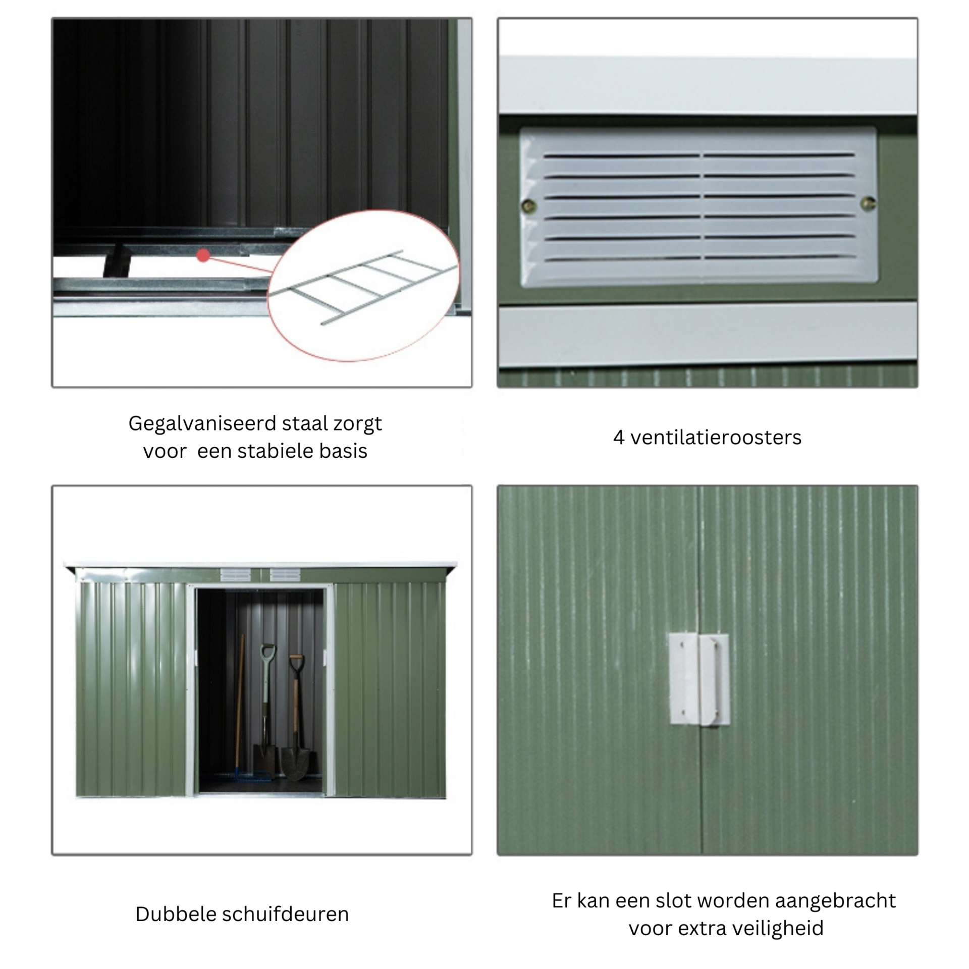 Ruim metalen tuinhuis 280x130x171 cm – olijfgroen en onderhoudsvrij