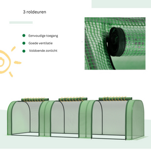 Kweekkas foliekas – 295 x 100 x 80 cm broeikas groen met 3 roldeuren voor goede ventilatie en eenvoudig toegang