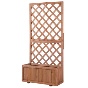 Plantenrek plantenbak 73x32x150 cm buiten van bruin hout met latwerk en ruime bak voor klimplanten of bloemen