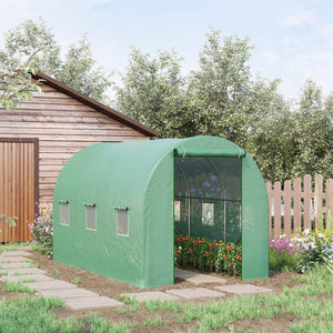 Tunnelkas M 350x200x200 cm groen als tuinkas en kweekkas met vensters en planten in opgestelde tuinomgeving