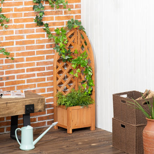 Plantenrek plantenbak 32x32x108 cm buiten van bruin hout met hoektrellis en groene klimplant decoratie