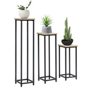Set van 3 metalen plantenstandaard 50 70 en 90 cm hoog met houten bovenkant en potplanten erop