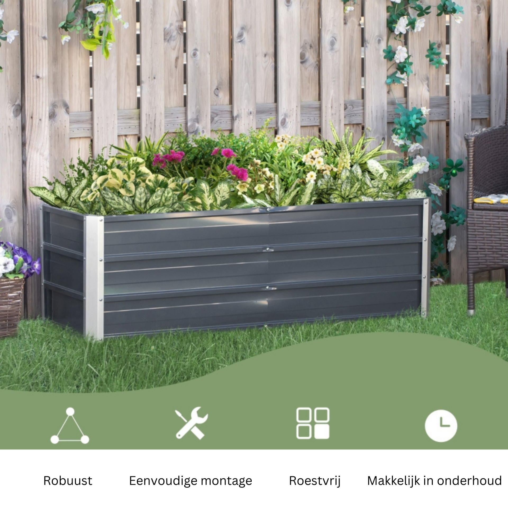 Grijze metalen bloembak 125x47x40 cm voor buitengebruik