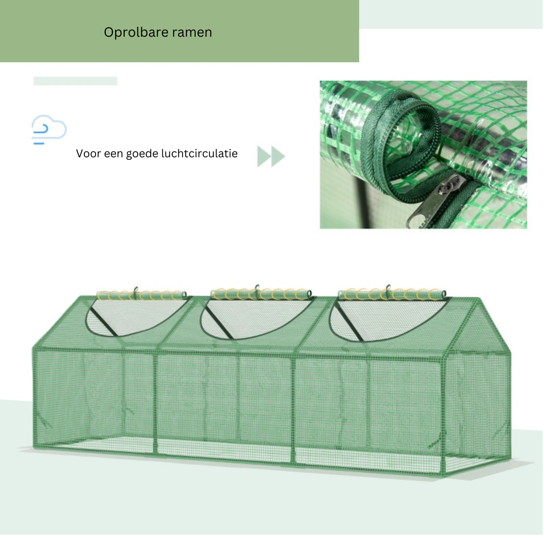 Middelgrote tunnelkas 180x60x60 cm met groen PE-doek en ritssluiting