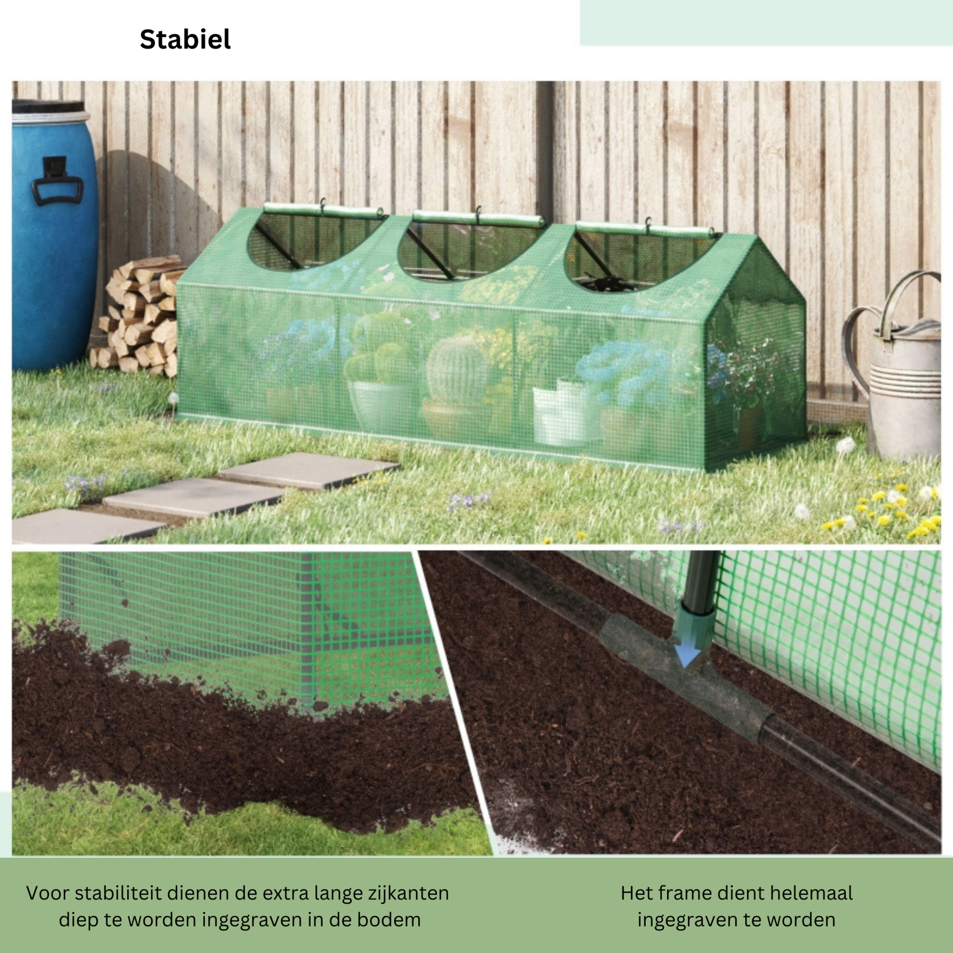 Middelgrote tunnelkas 180x60x60 cm met groen PE-doek en ritssluiting