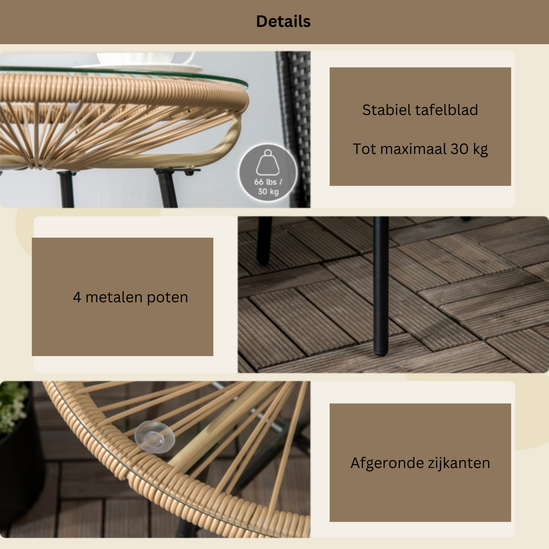 Ronde boho tuintafel natuur – 50×50×50 cm bijzettafel voor buiten