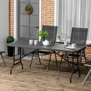 Opvouwbare campingtafel 180x76x73 cm grijs voor 6 personen met aluminium frame in buitenomgeving met stoelen