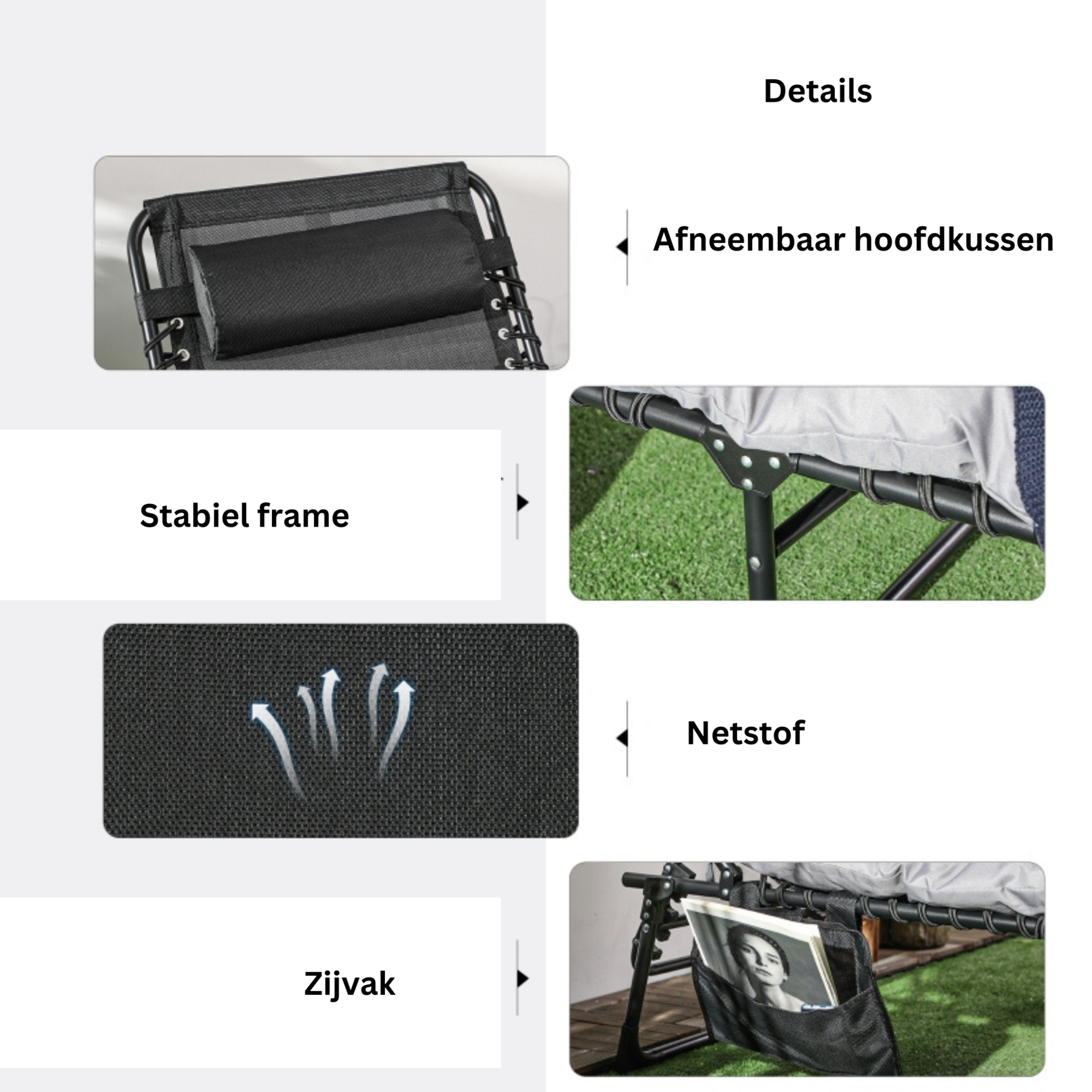 Opvouwbaar ligbed 58x189x33 cm met kussen, textileen en 120 kg draagkracht