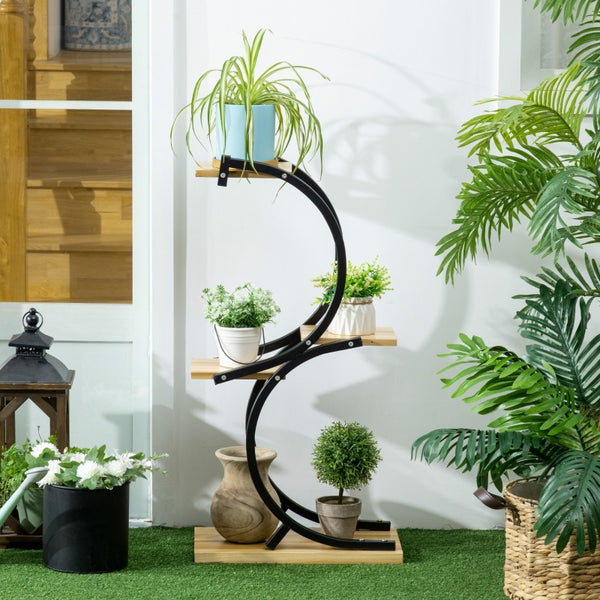 Zwarte metalen plantenstandaard voor buiten als stijlvolle plantenzuil