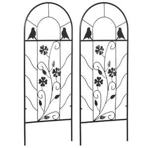 Set van 2 zwarte metalen klimplantenrekken 38x98 cm voor tuin en balkon met decoratieve vogels en klaverornamenten