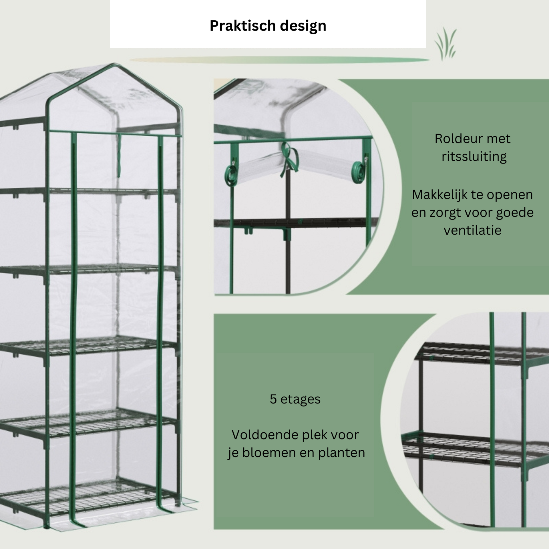 Compacte tunnelkas 193x69x49 cm met groen PE-doek en ritssluiting