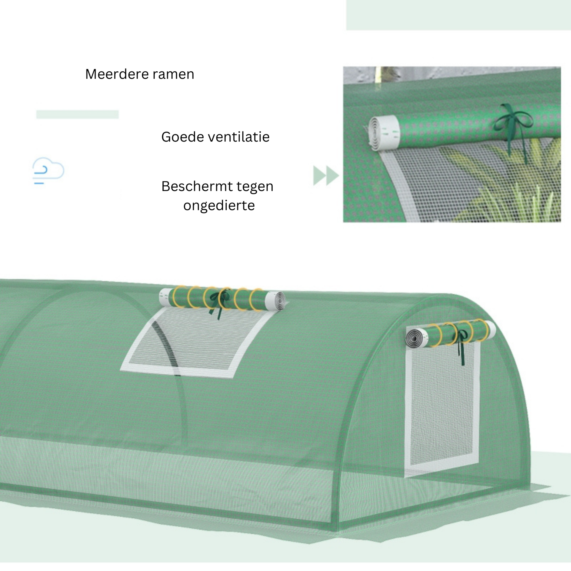 Compacte tunnelkas 300x80x45 cm met ritssluiting en groen PE-doek