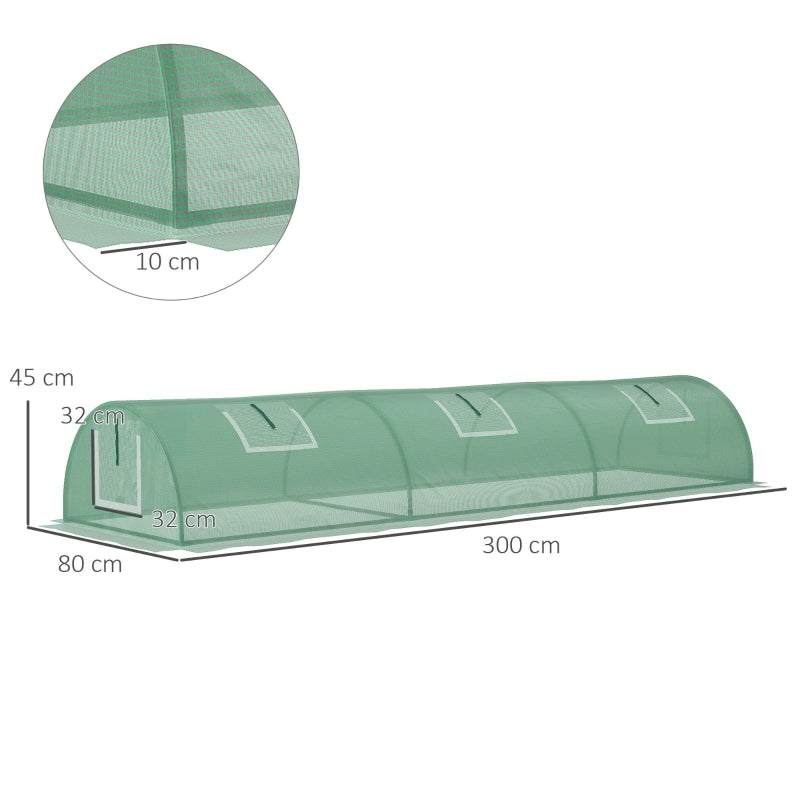 Compacte tunnelkas 300x80x45 cm met ritssluiting en groen PE-doek