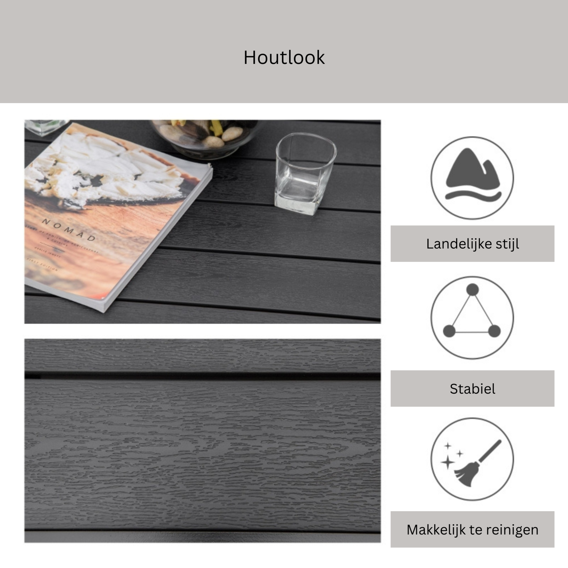 Tuintafel 78x78x74 cm met zwart kunststof blad en aluminium onderstel