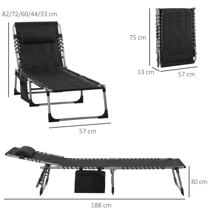 Opklapbaar ligbed 188x57x30 cm met zwart textileen en stalen frame