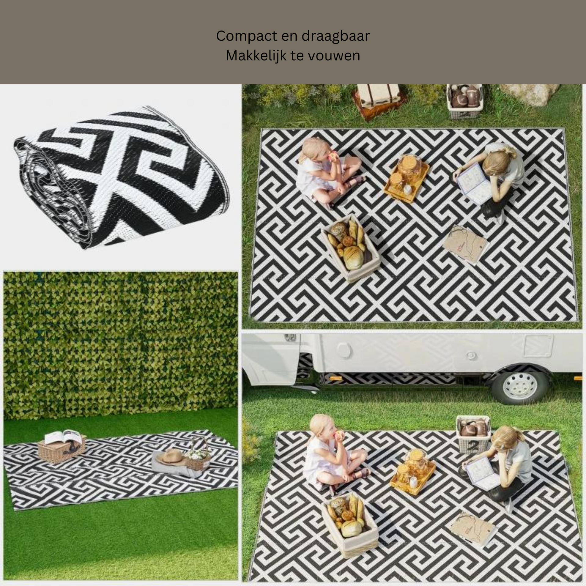 Weerbestendig buitenkleed 152x243 cm voor terras of tuin zwart-wit