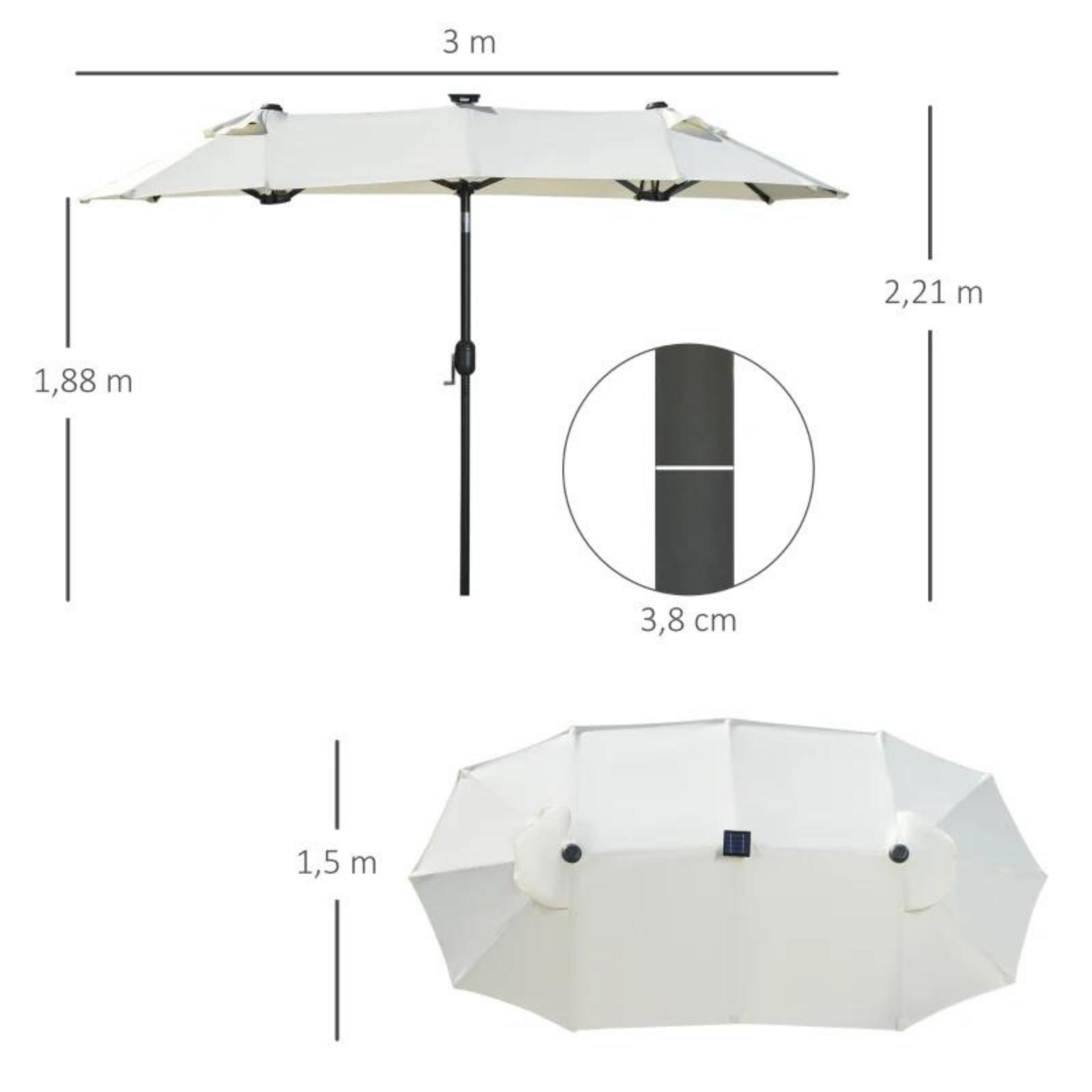 Kantelbare parasol 2,95x1,5x2,19 m met ingebouwde ledverlichting beige