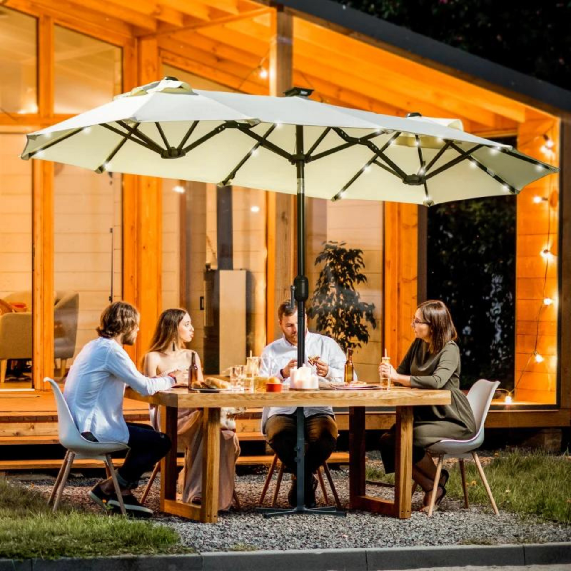 Kantelbare parasol 2,95x1,5x2,19 m met ingebouwde ledverlichting beige