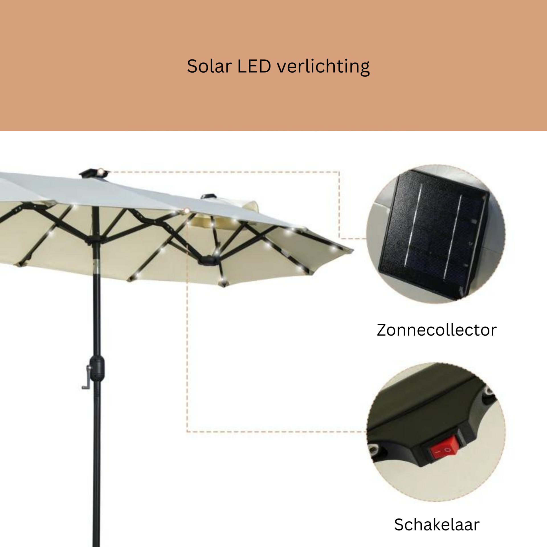 Kantelbare parasol 2,95x1,5x2,19 m met ingebouwde ledverlichting beige