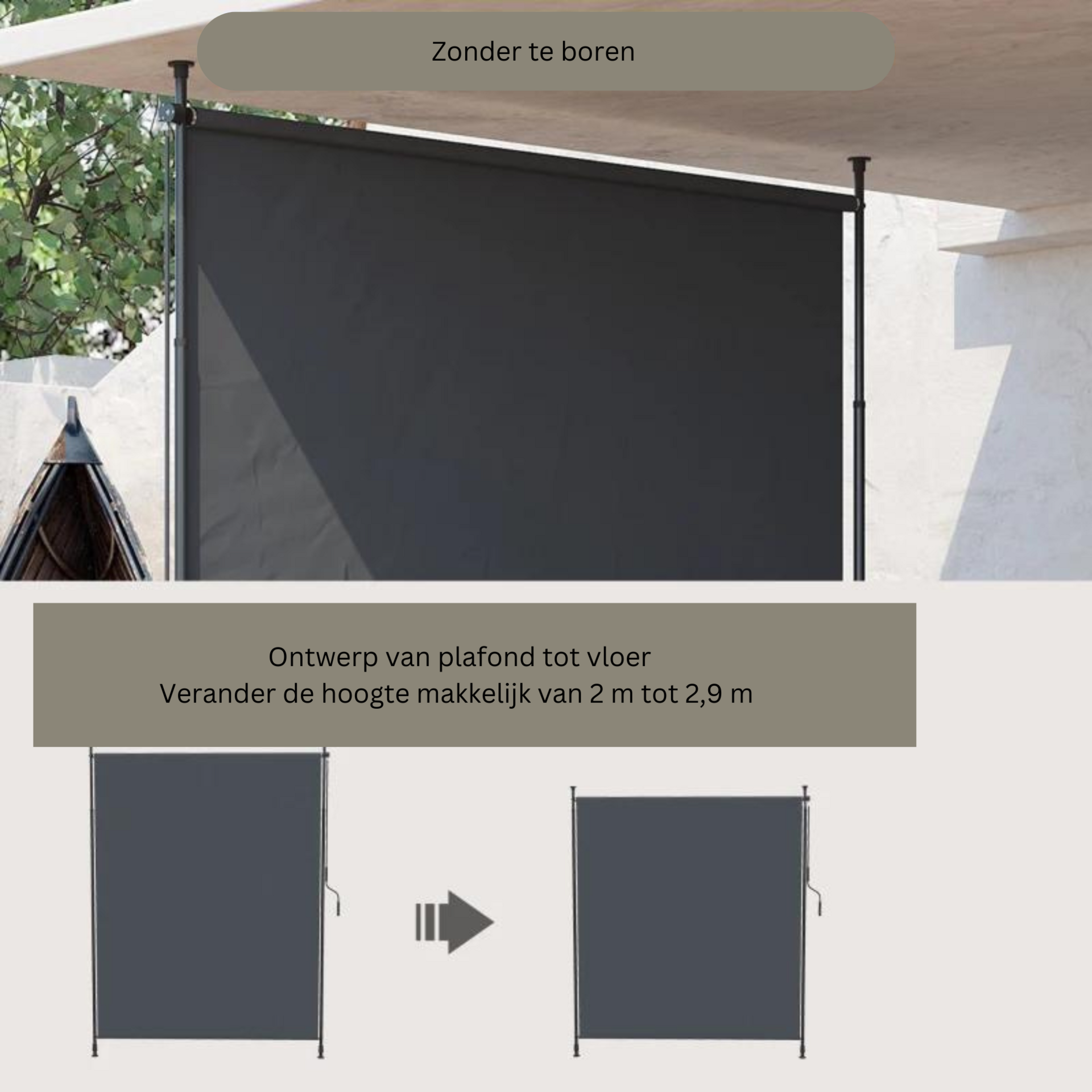 Uitschuifbaar zonnescherm 2x2,15–3,05 m met grijs doek