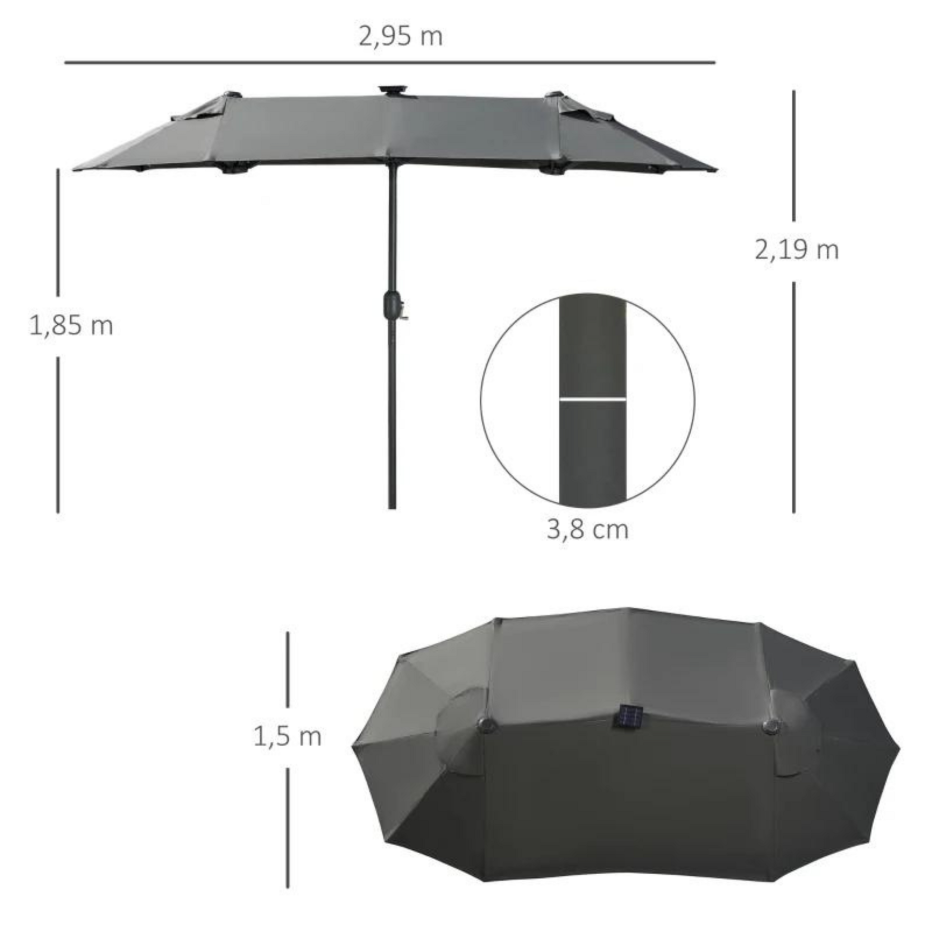 Kantelbare parasol 2,95x1,5x2,19 m met ledverlichting lichtgrijs