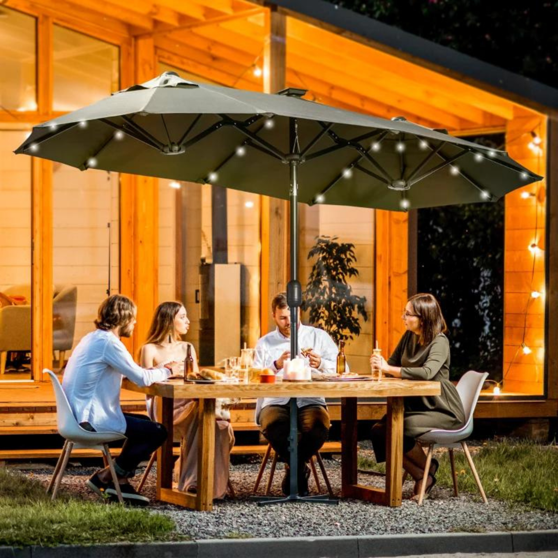 Kantelbare parasol 2,95x1,5x2,19 m met ledverlichting lichtgrijs