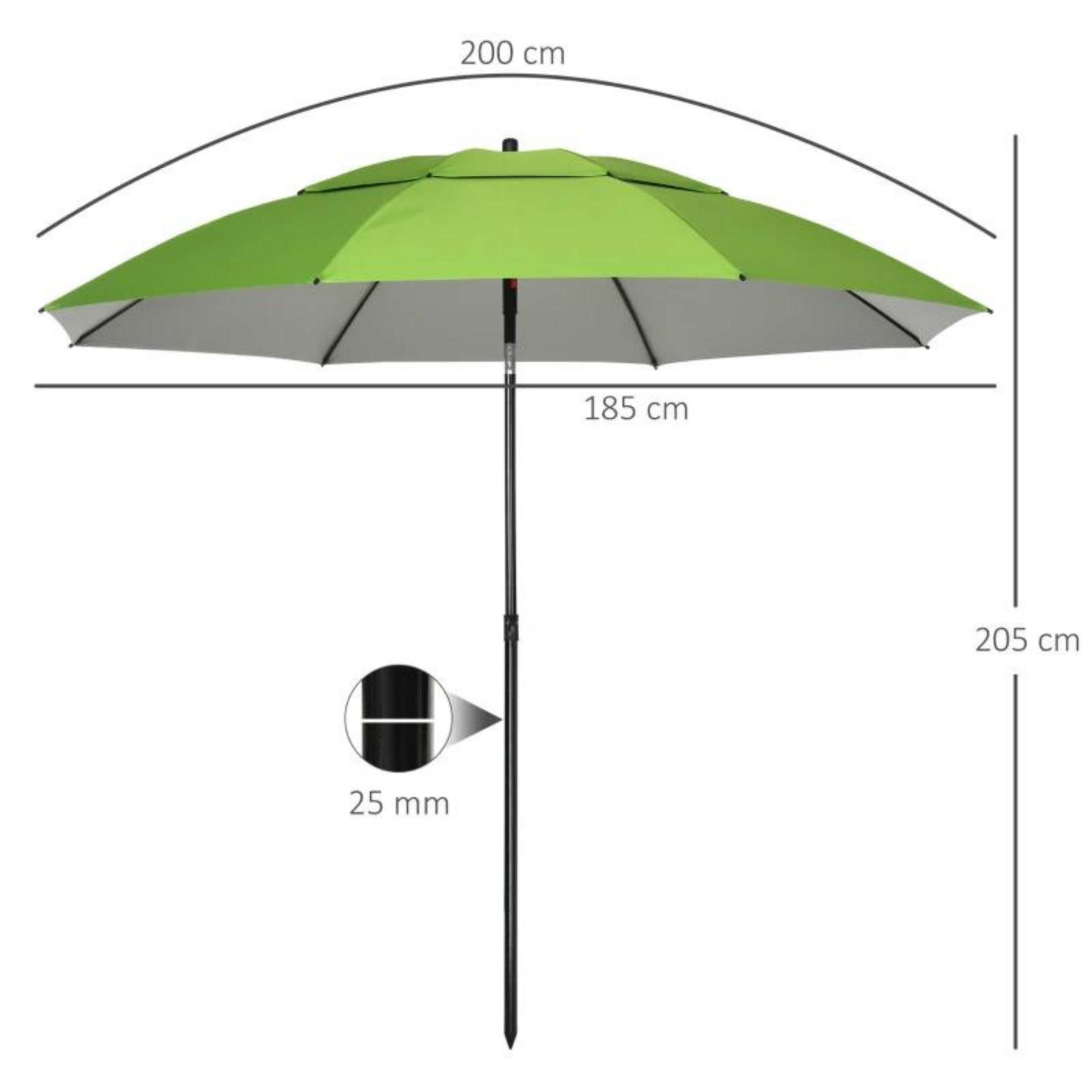 Strandparasol 1,85 m kantelbaar met windopening en groene kap