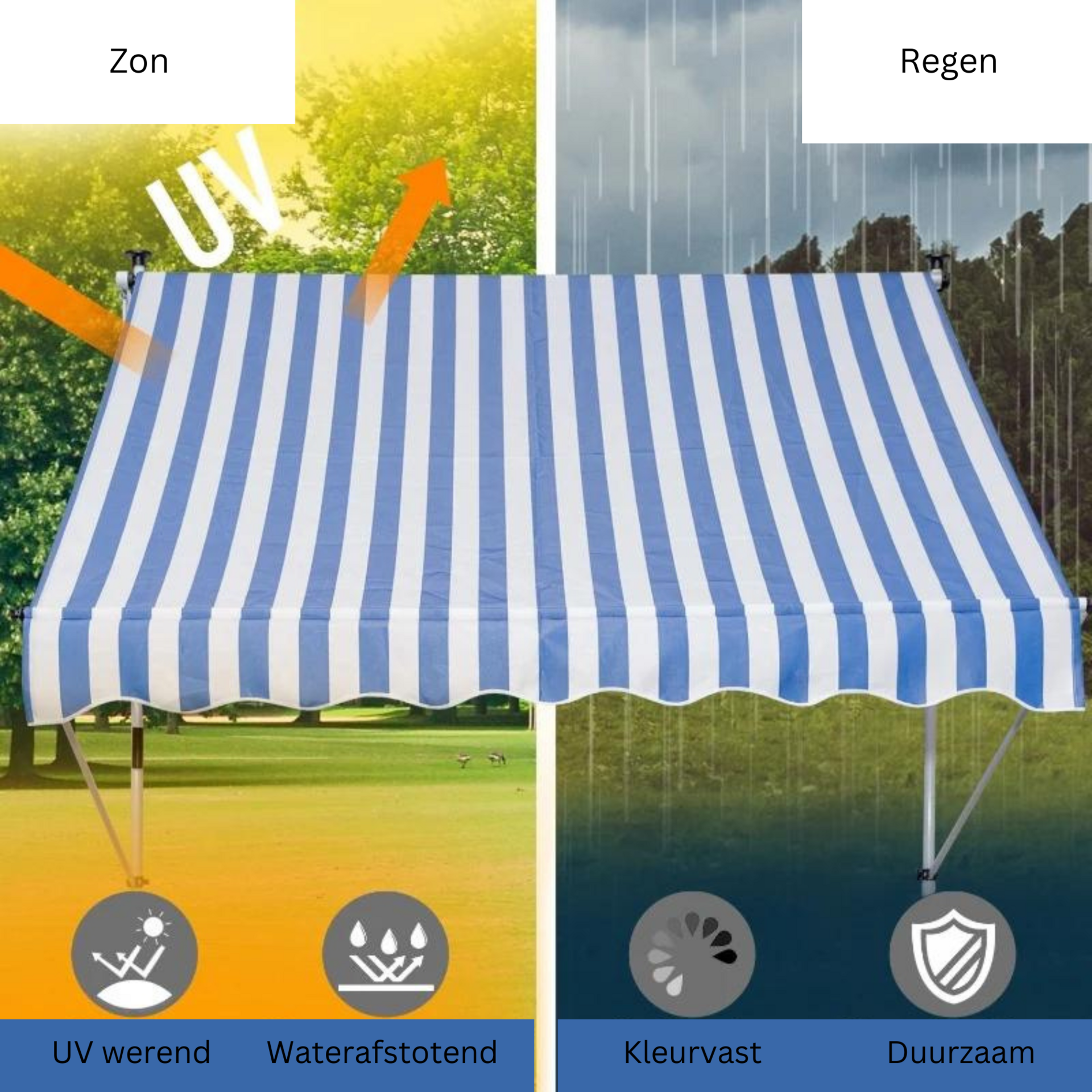 Zonnescherm 300x150 cm met slingerbediening in blauw-wit
