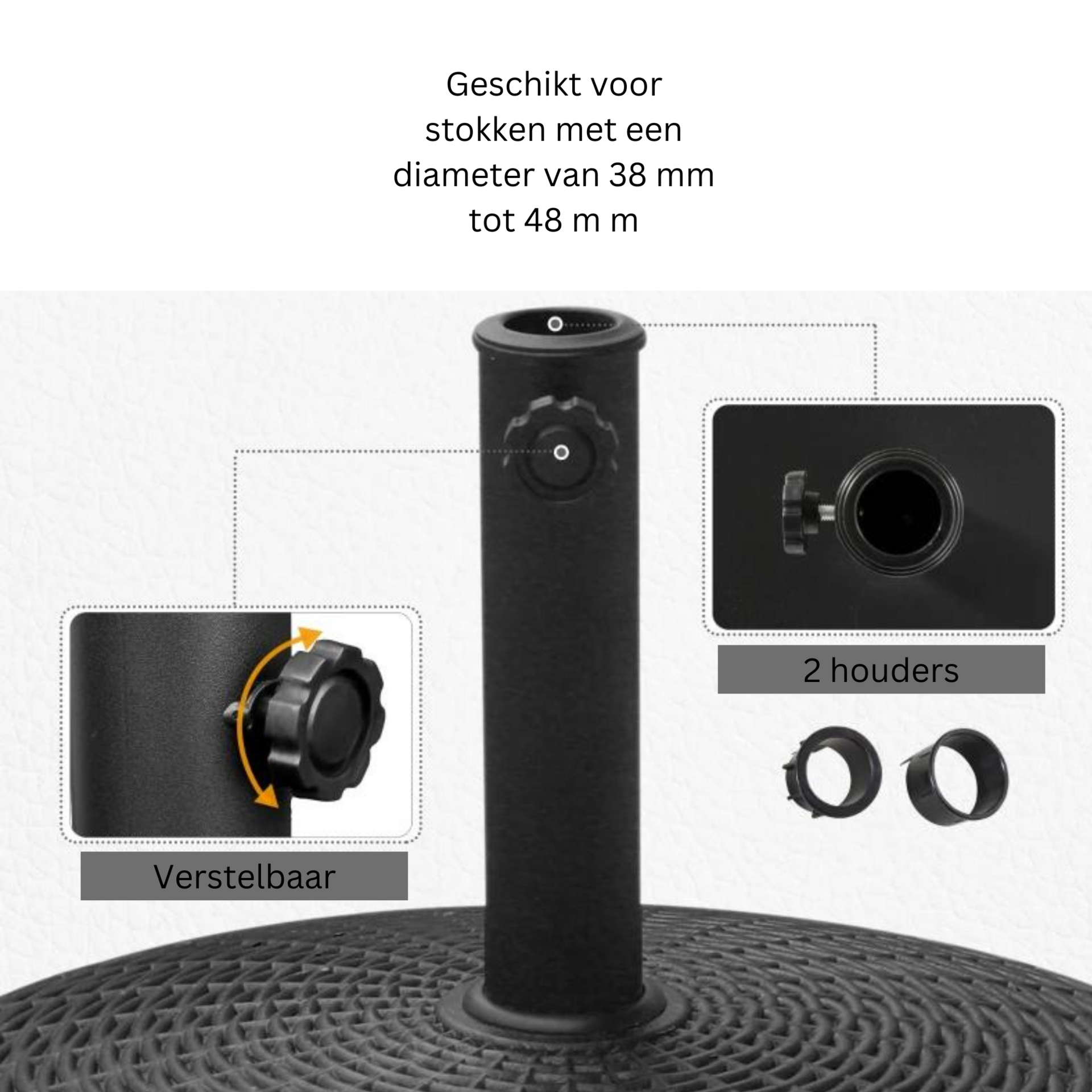Zwarte parasolvoet 25 kg op wielen voor flexibele plaatsing