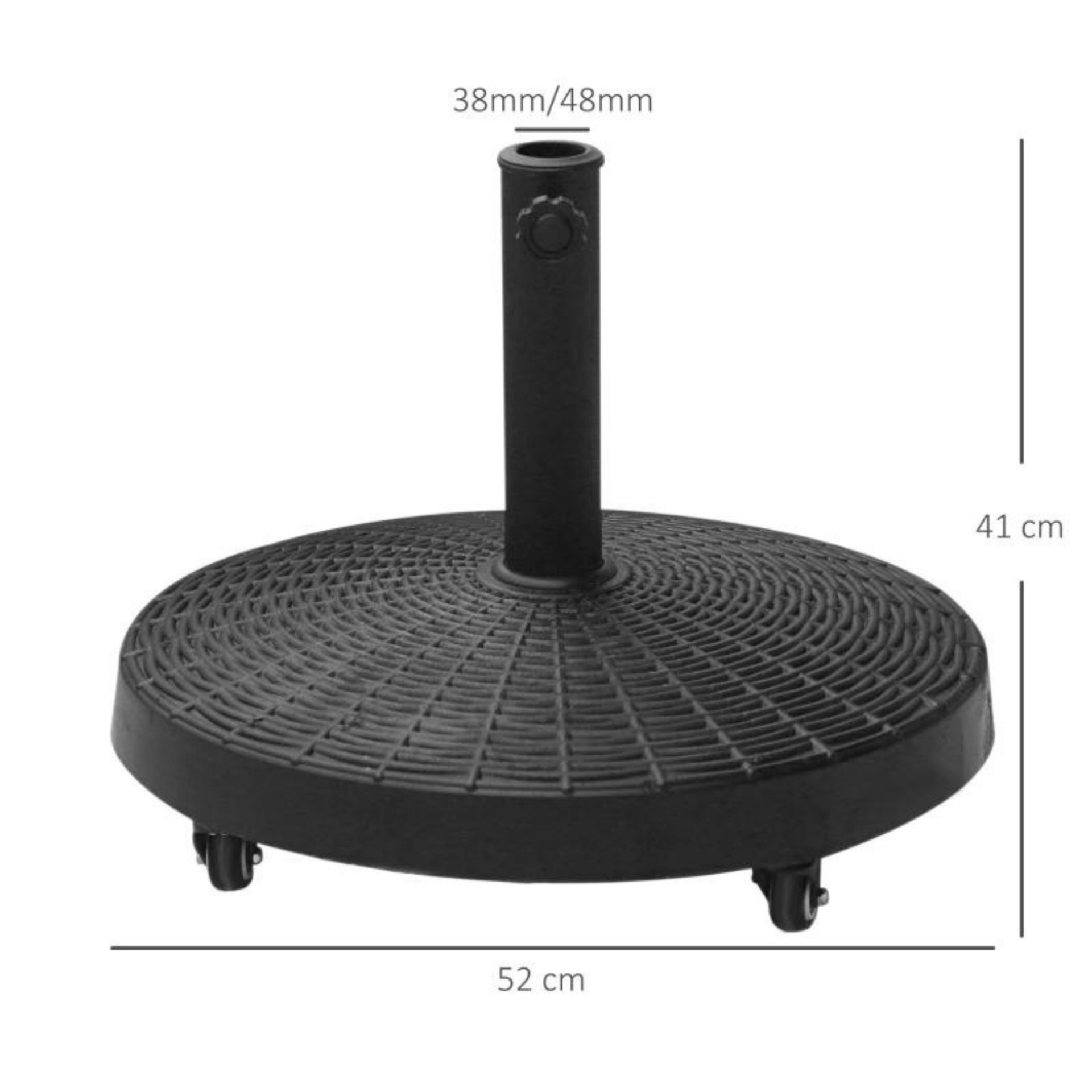 Zwarte parasolvoet 25 kg op wielen voor flexibele plaatsing