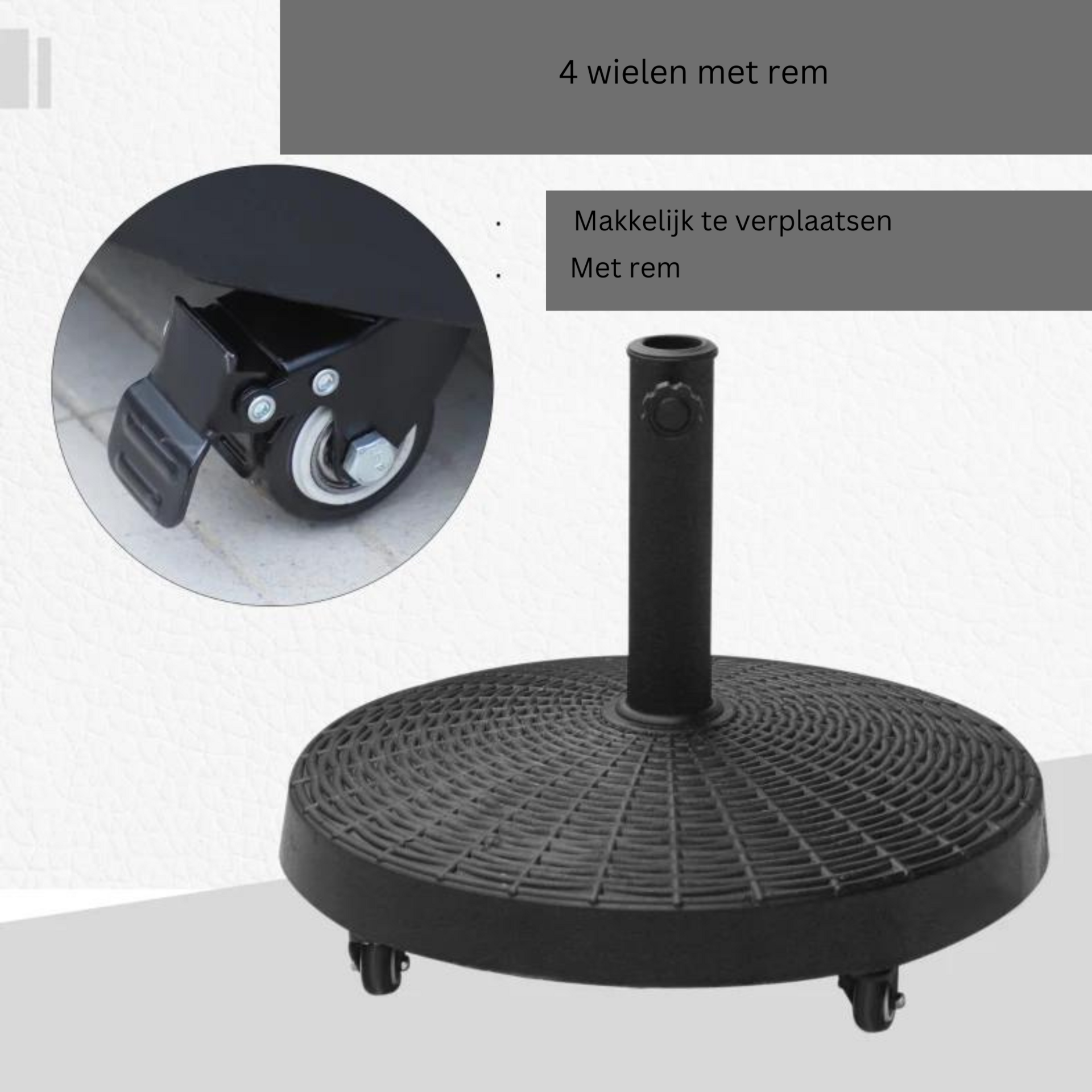 Zwarte parasolvoet 25 kg op wielen voor flexibele plaatsing