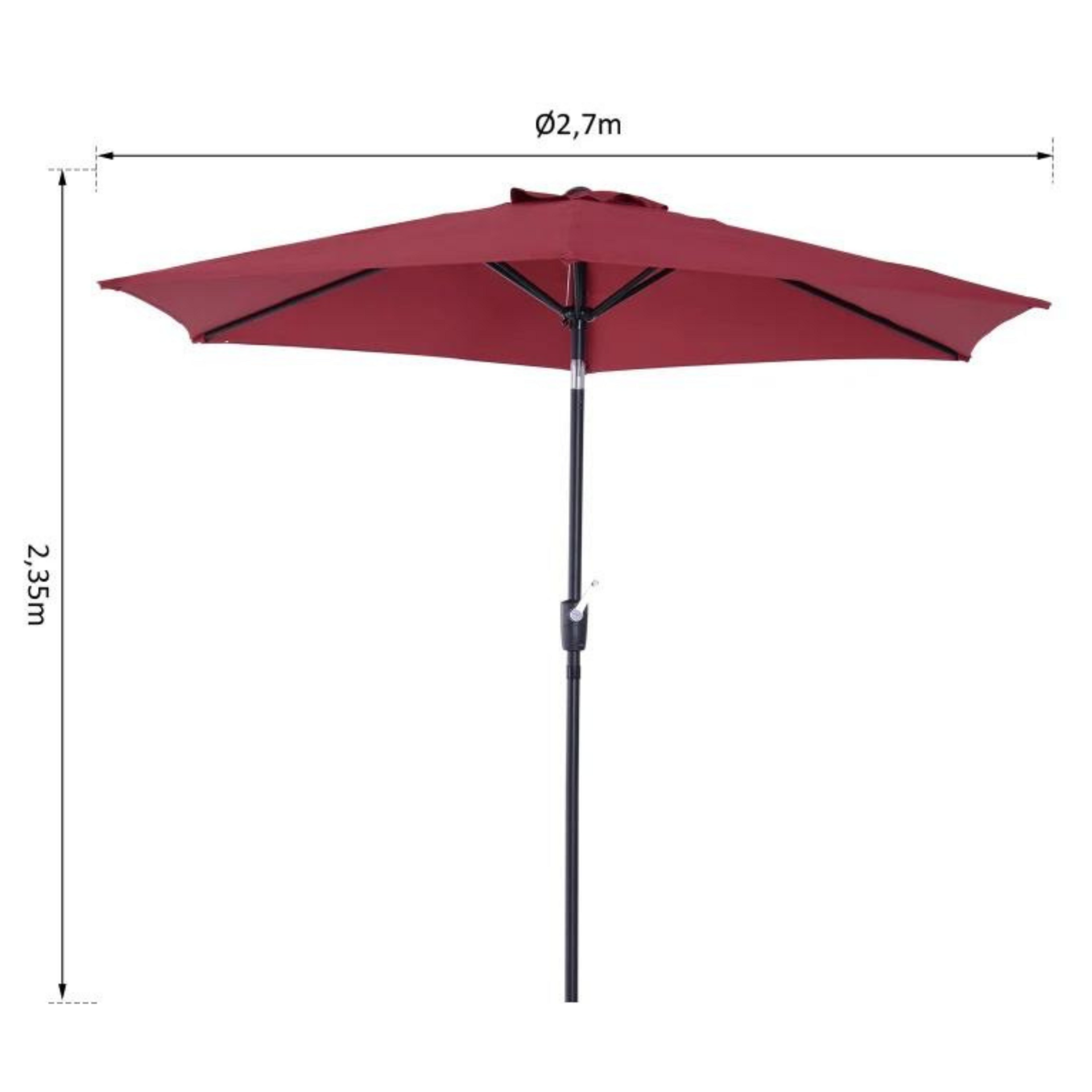 Rode parasol 2,6x2,35 m met handslinger en ventilatieopening
