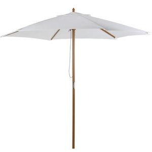 Witte bamboe parasol 2,5x2,3 m met tropische look en stevig doek, inclusief houten baleinen en UV-bescherming