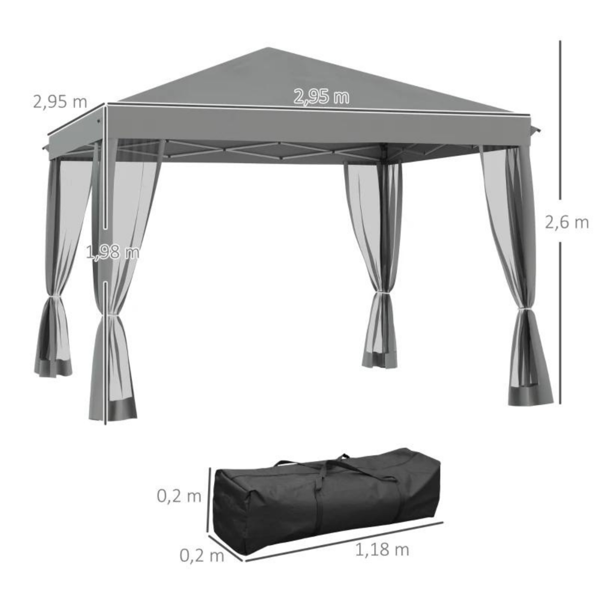 Easy-up partytent grijs 3x3 m met draagtas en stalen frame