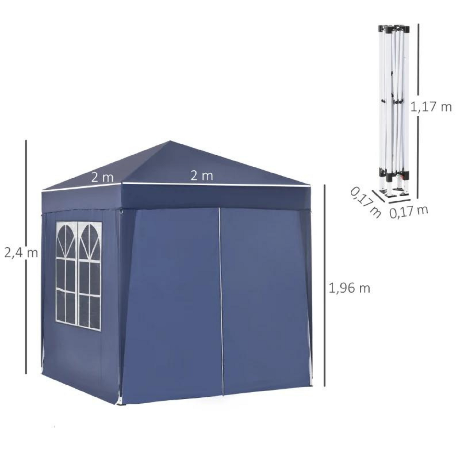Easy-up partytent blauw 2x2 m met draagtas en licht frame