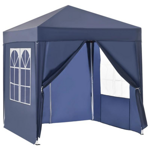 Easy-up partytent blauw 2x2 m met draagtas en licht frame, opvouwbaar en UV-bestendig voor tuinfeestjes