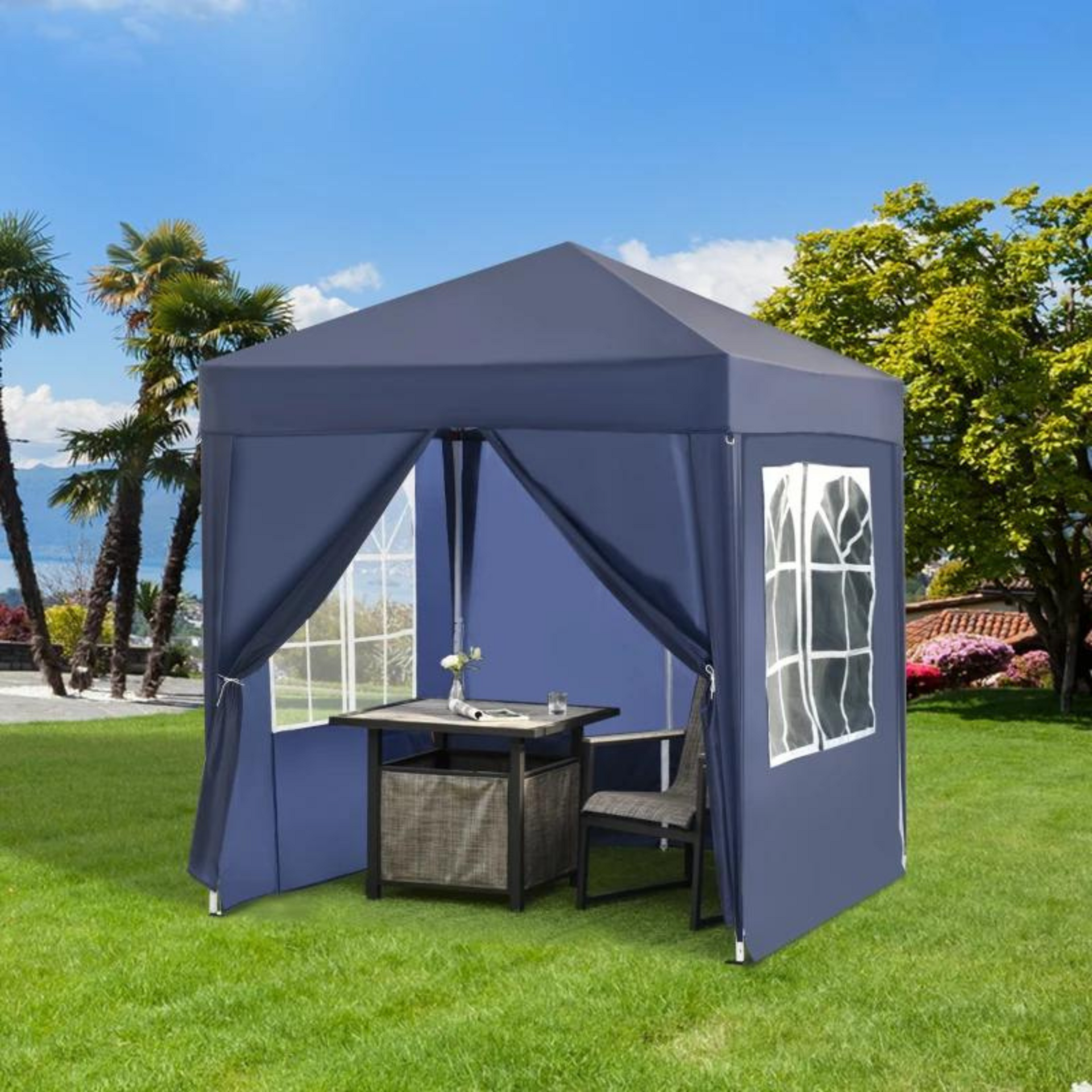 Easy-up partytent blauw 2x2 m met draagtas en licht frame