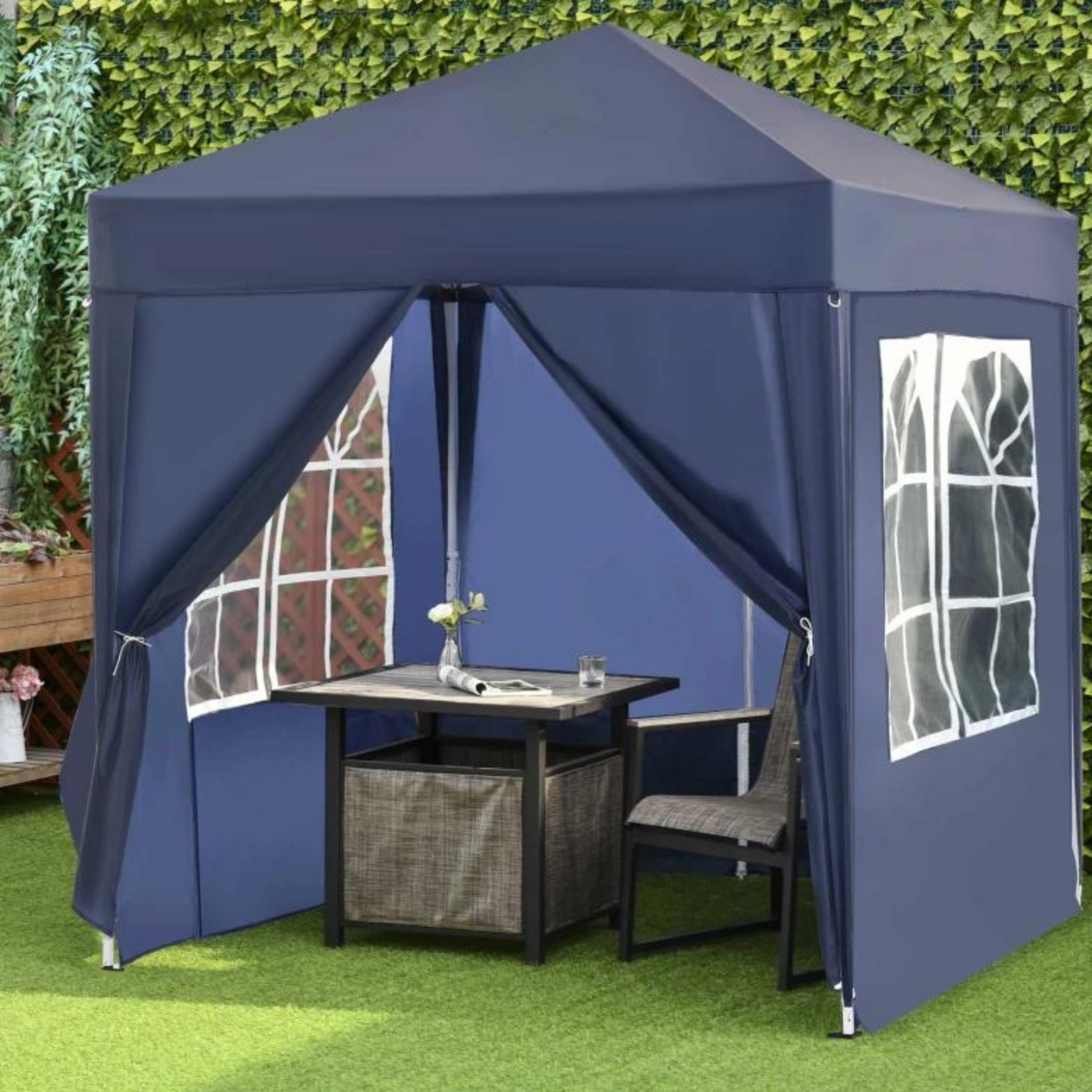 Easy-up partytent blauw 2x2 m met draagtas en licht frame