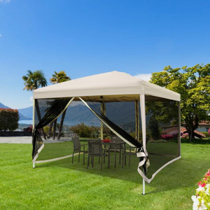 Beige easy-up partytent 3x3 m met draagtas en stevig frame, zijwanden en compleet voor tuinfeest of terrasfeest