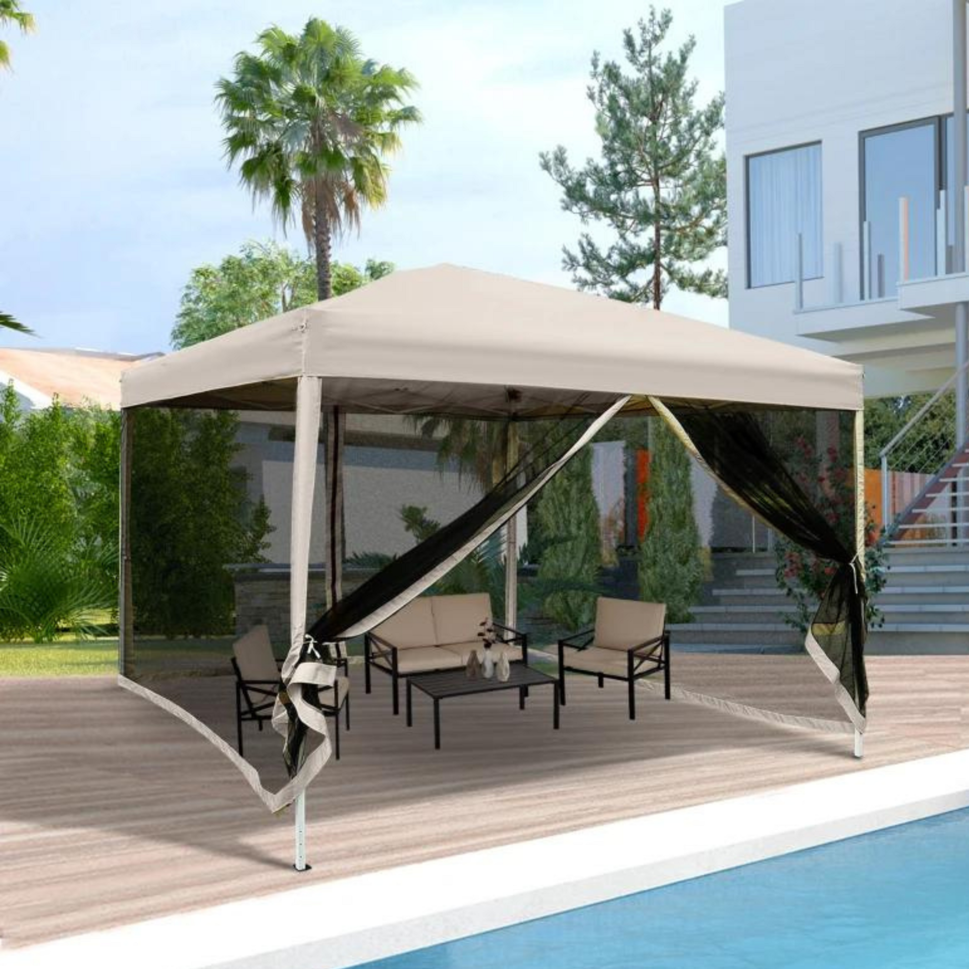 Beige easy-up partytent 3x3 m met draagtas en stevig frame