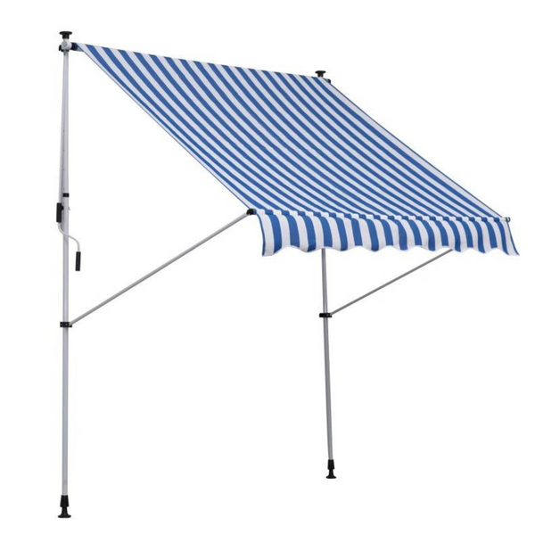 Zonnescherm luifel 200x150 cm blauw-wit met slingerbediening en frame