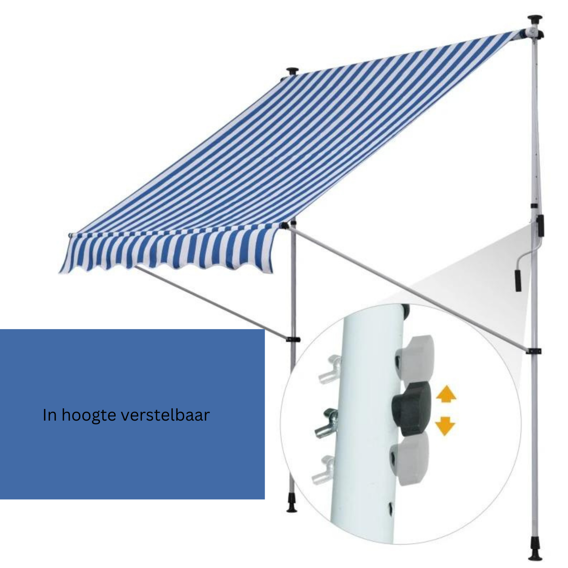 Zonnescherm luifel 200x150 cm blauw-wit met slingerbediening en frame