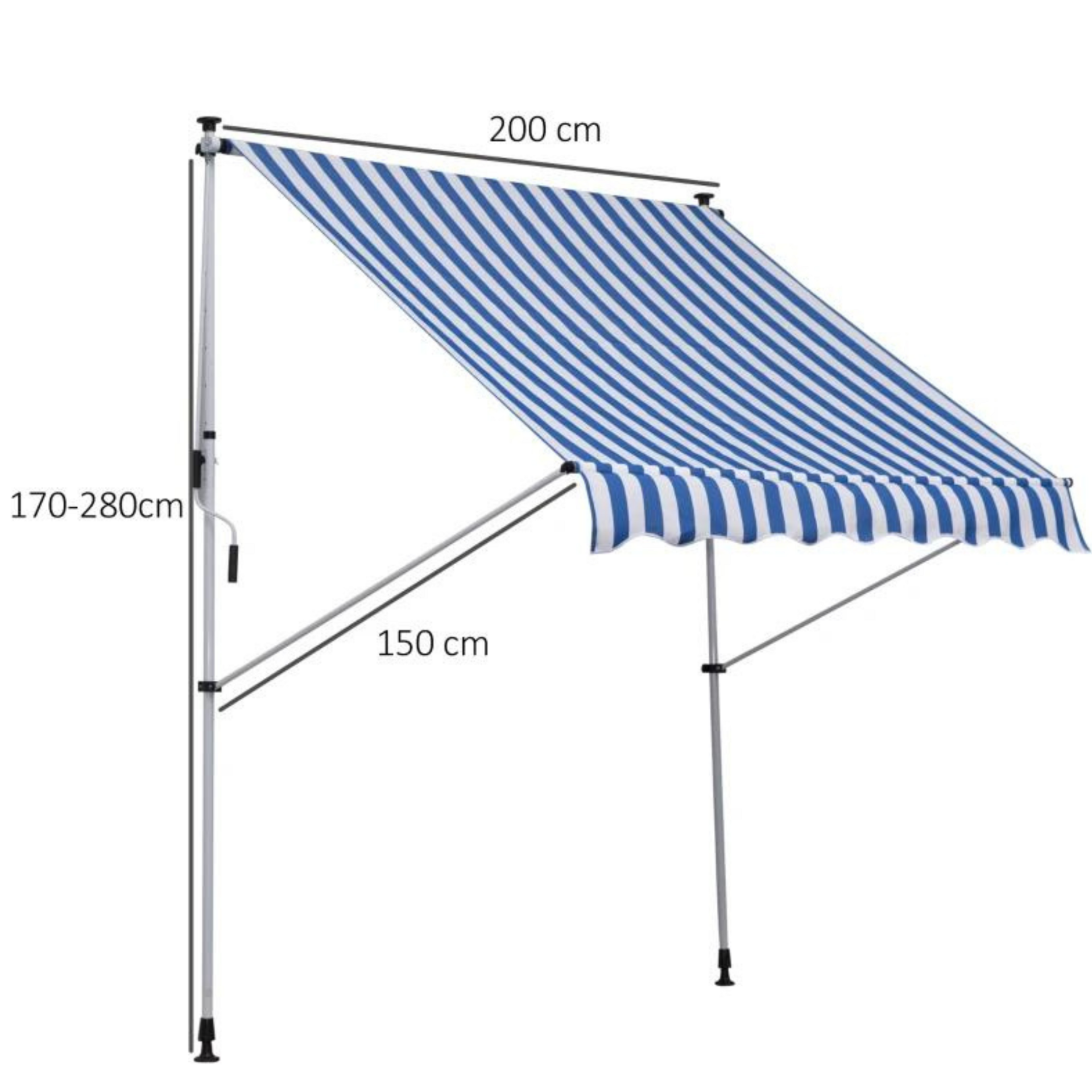 Zonnescherm luifel 200x150 cm blauw-wit met slingerbediening en frame