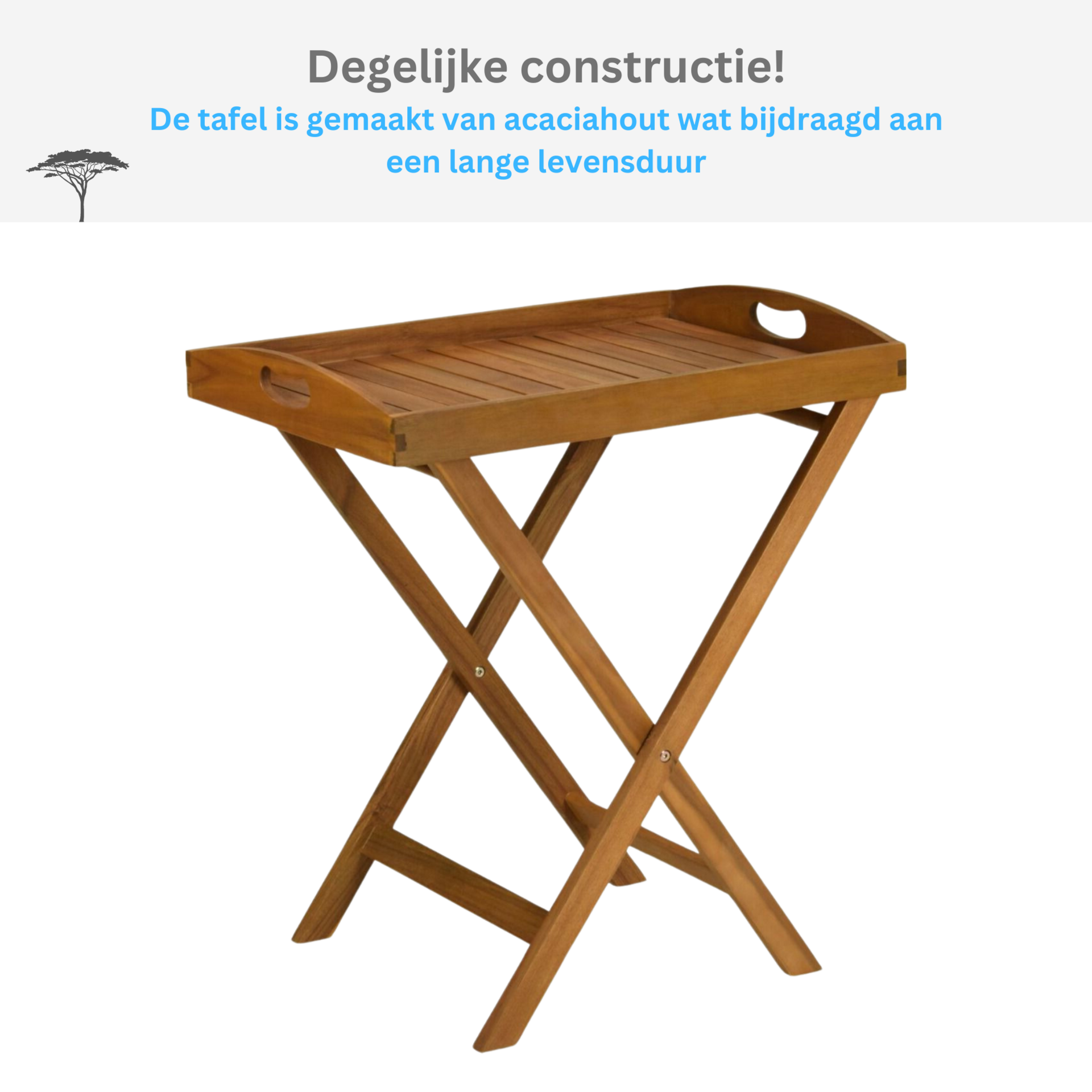 Bijzettafel FSC acaciahout 60x42x65 cm met los dienblad