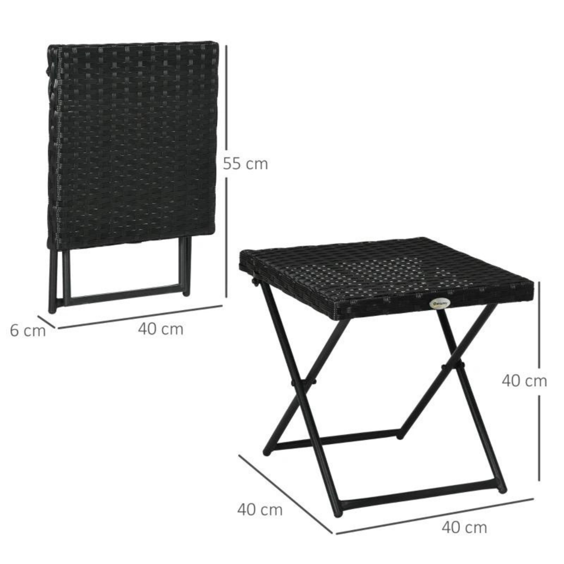 Bijzettafel zwart met rattan look 40x40x40 cm en inklapbaar staalframe