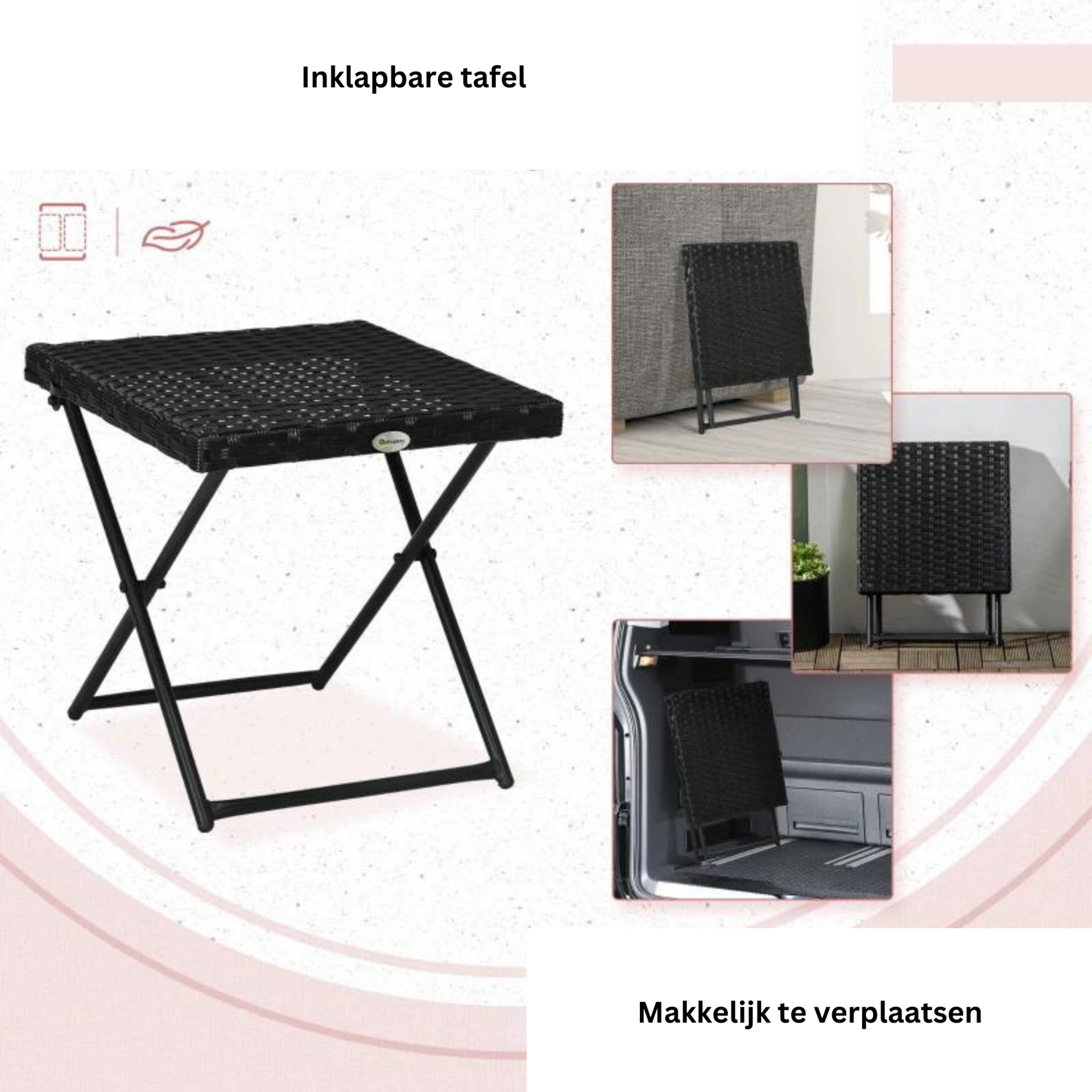 Bijzettafel zwart met rattan look 40x40x40 cm en inklapbaar staalframe