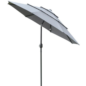 Donkergrijze parasol Ø2,6 m met handslinger en stevig stalen frame met ventilatieopeningen voor optimale zonbescherming